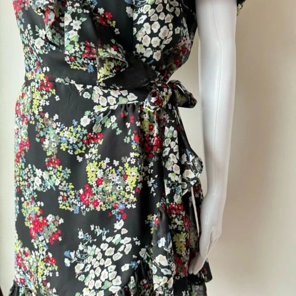 MISS Sixty Vintage Wrap Boho Floral Mini Dress Medium flirty ruffled puff sleeve - Picture 4 of 8